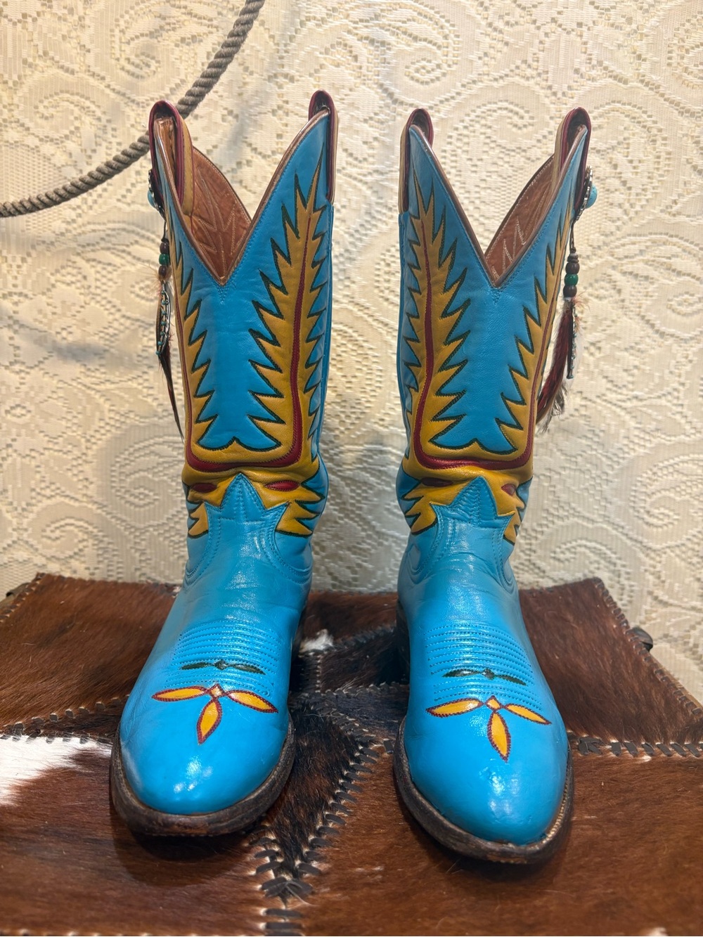 Hand Painted TonyLama Turquoise and Yellow Western Feathered Cowboy Boots size 8 - Picture 2 of 16